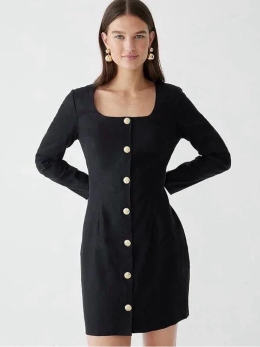 J. Crew Black Square-Neck Mini Dress w/ Gold Crest Buttons Back Zip Size 10